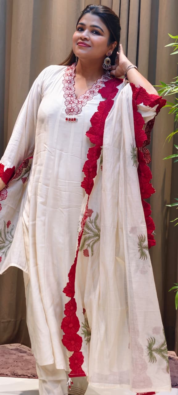 Floral Applique Cut-Work In Neck Line & Sleeves Panel Anarkali Full Suit Set With Dupatta In Mul-Chanderi Fabric- 13736 (Loose Fit)