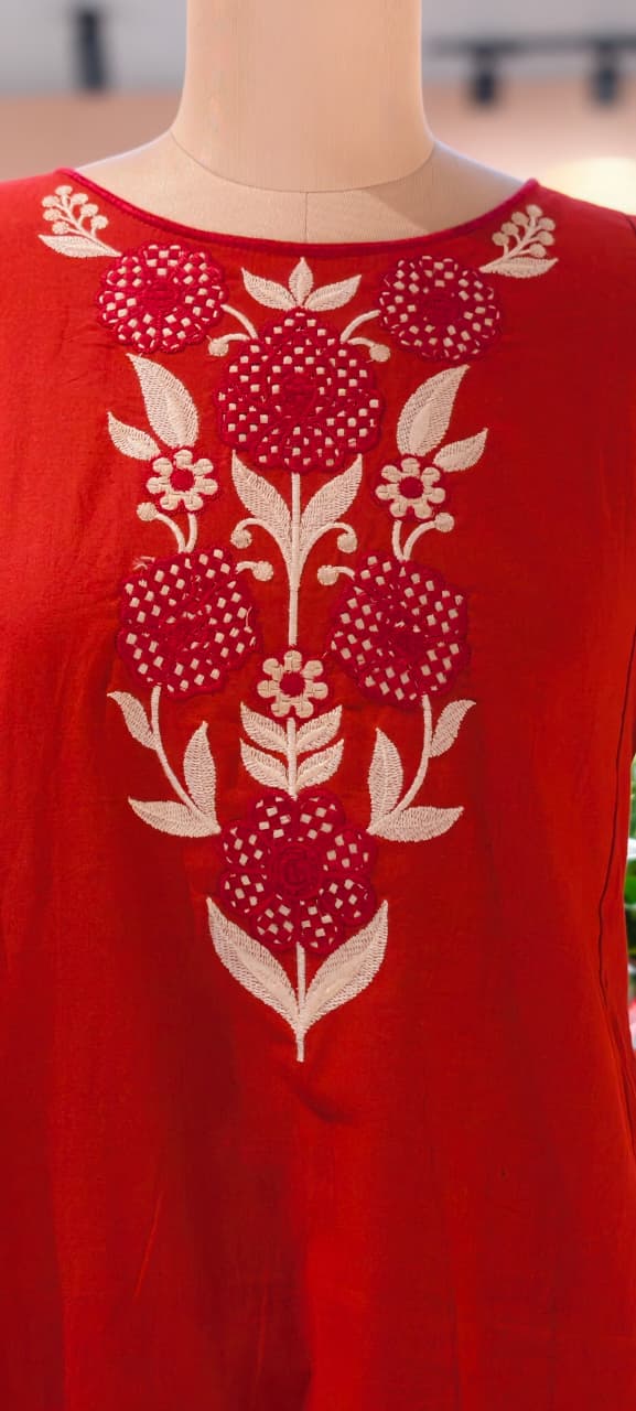 Floral Yoke Thread Embroidered A-Line Cotton Kurta Pant Set With Side Pockets- 13714