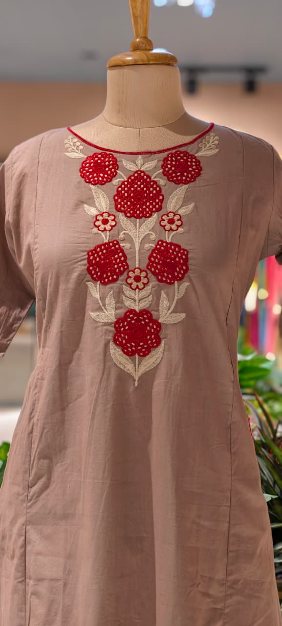 Floral Yoke Thread Embroidered A-Line Cotton Kurta Pant Set With Side Pockets- 13714