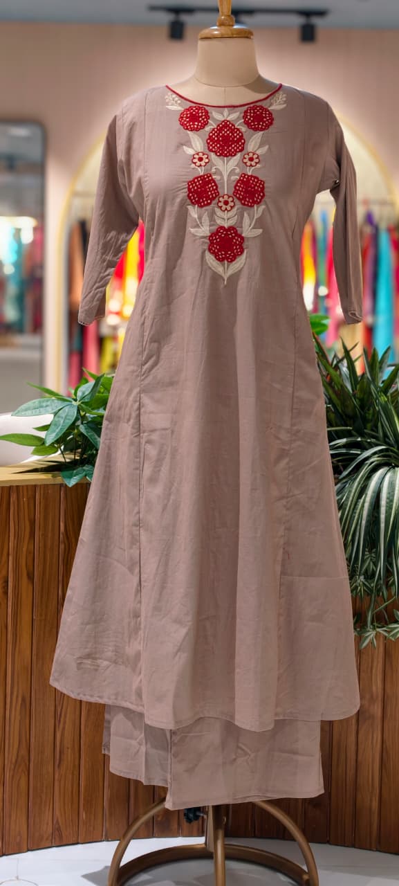 Floral Yoke Thread Embroidered A-Line Cotton Kurta Pant Set With Side Pockets- 13714