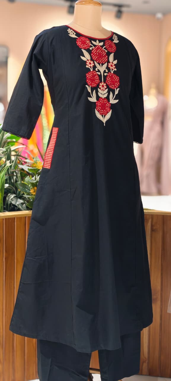 Floral Yoke Thread Embroidered A-Line Cotton Kurta Pant Set With Side Pockets- 13714