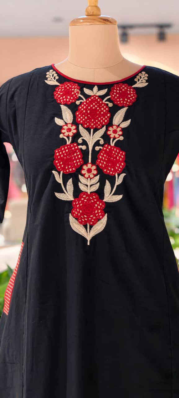 Floral Yoke Thread Embroidered A-Line Cotton Kurta Pant Set With Side Pockets- 13714