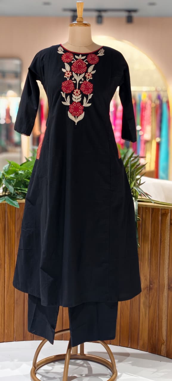 Floral Yoke Thread Embroidered A-Line Cotton Kurta Pant Set With Side Pockets- 13714