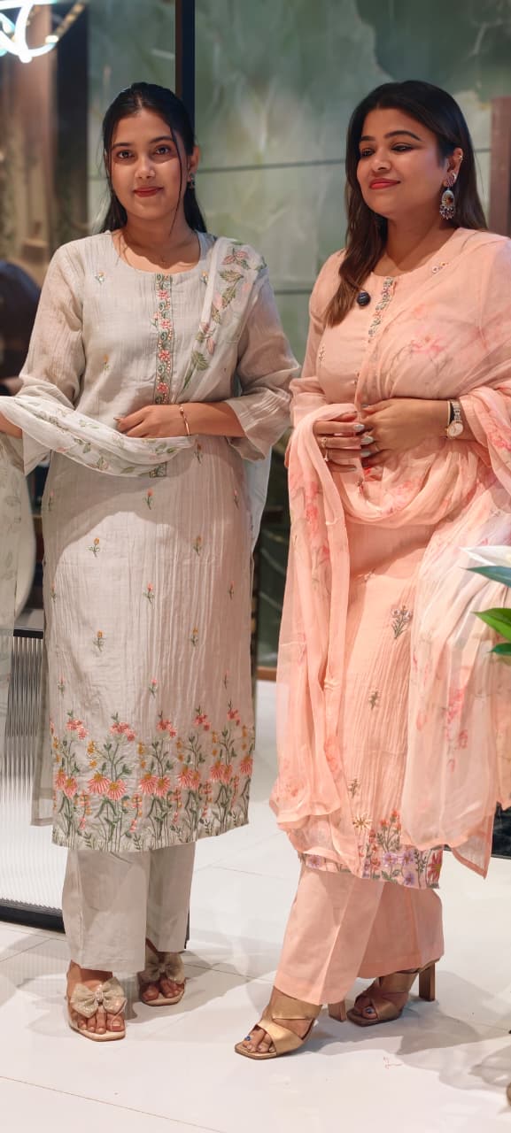 Pastel Soft Apricot & Ash Floral Spring Embroidered Mul Chanderi Full Suit Set With Pure Chiffon Dupatta - 13719,13730