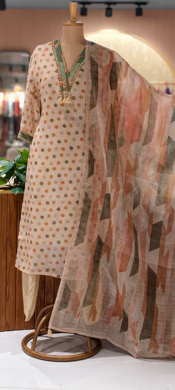 Polka Inspired Dotted Kodi Tassel V-Neck Full Suit Set With Dupatta In Checks Cotton Fabric- 13728