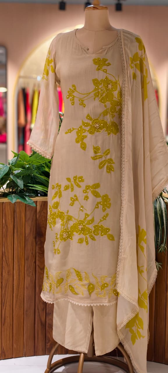 Lime Petal Printed With Sequin Upwork Crosia Borders Full Suit Set With Dupatta- 13737