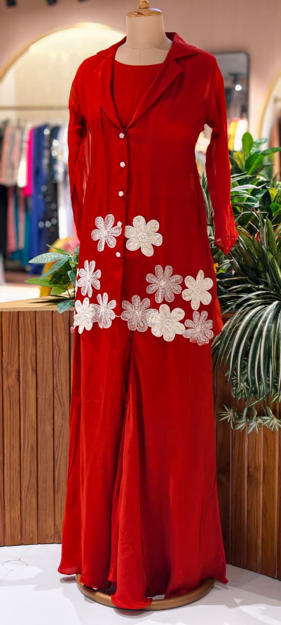 Floral Elegance Applique Pearl Upwork Solid Co-Ord Set In Organza Fabric (Inner Inside)-13748