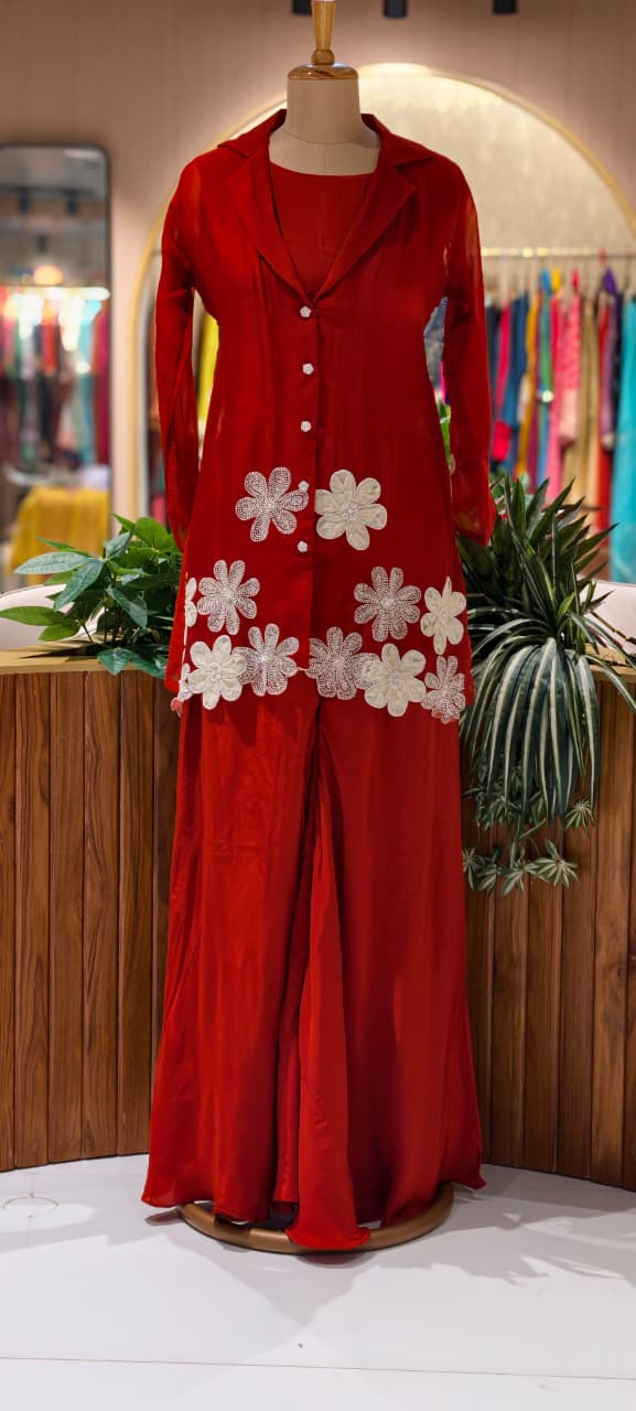 Floral Elegance Applique Pearl Upwork Solid Co-Ord Set In Organza Fabric (Inner Inside)-13748