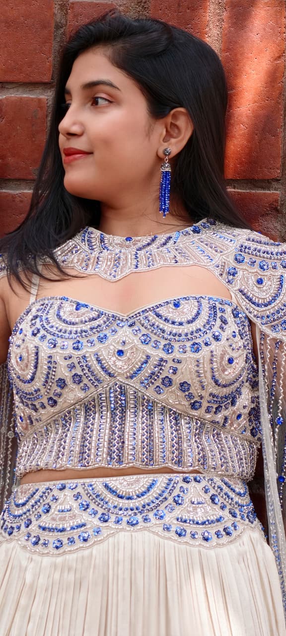 Royal Blue Crystallex Sequin Embellished Handwork Crop-Top With Skirt & Heavy Majestic Cape