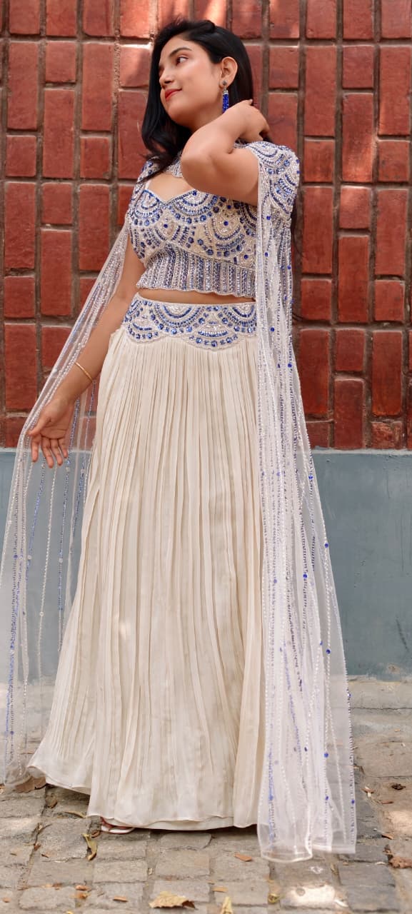 Royal Blue Crystallex Sequin Embellished Handwork Crop-Top With Skirt & Heavy Majestic Cape