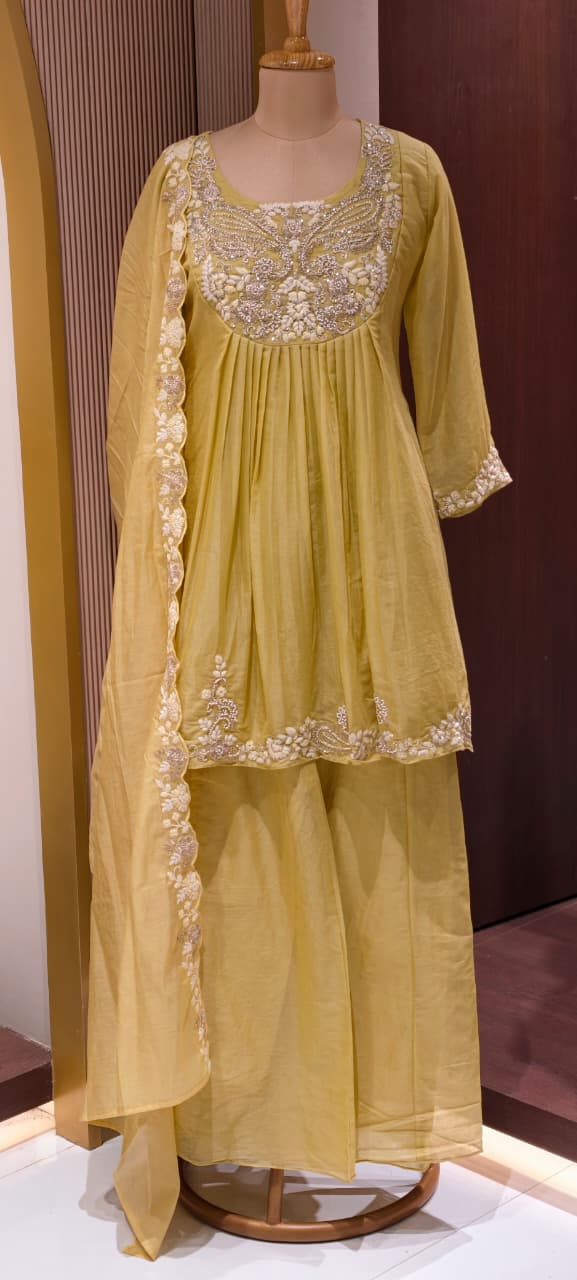 Zardosi Rich Look Yoke Suttle Short Length A-Line Full Suit Set With Loose Bottom In Mul Chanderi Fabric- 13722