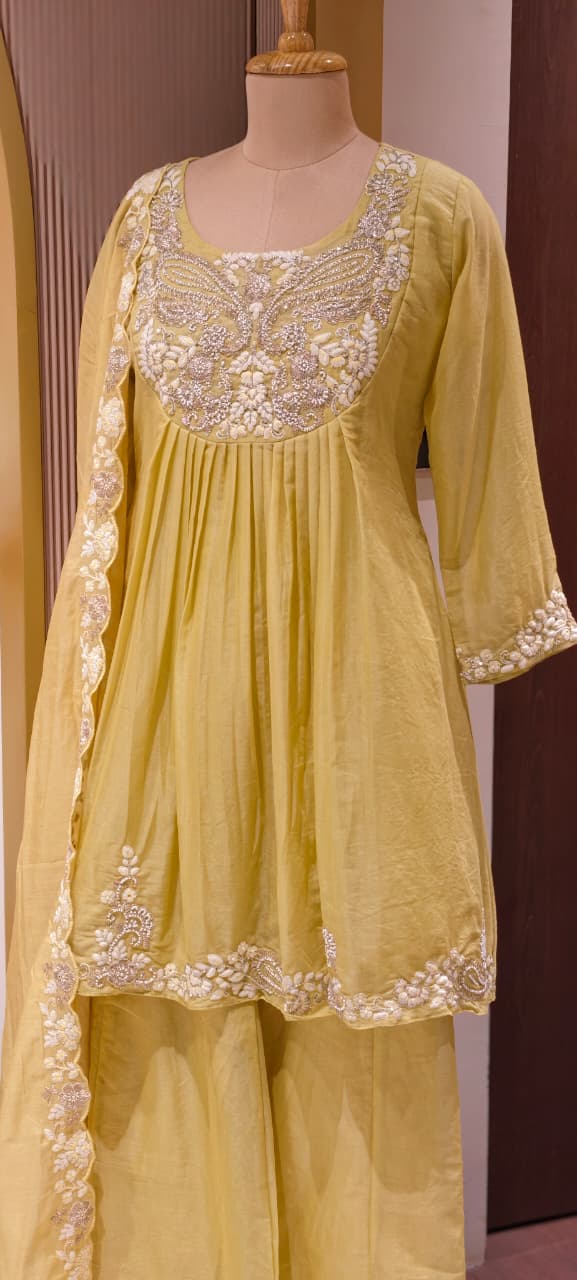 Zardosi Rich Look Yoke Suttle Short Length A-Line Full Suit Set With Loose Bottom In Mul Chanderi Fabric- 13722