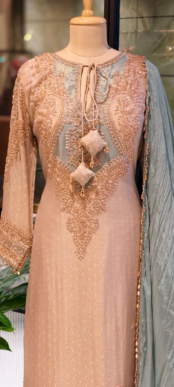 Royal Jade Hand-Embellished Premium Sheer High-End Pure Pakistani Full Suit Set With Tasseled Dupatta