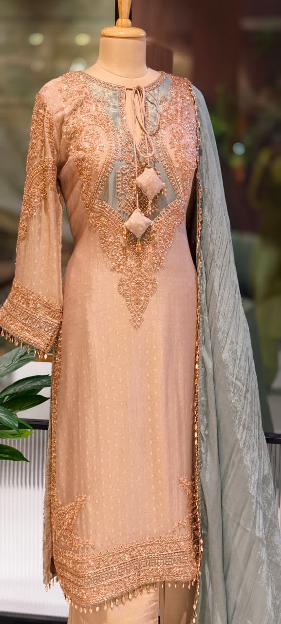 Royal Jade Hand-Embellished Premium Sheer High-End Pure Pakistani Full Suit Set With Tasseled Dupatta