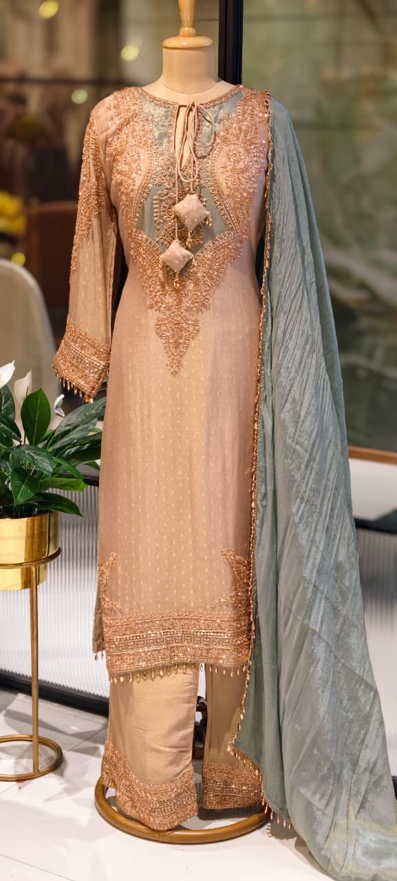 Royal Jade Hand-Embellished Premium Sheer High-End Pure Pakistani Full Suit Set With Tasseled Dupatta