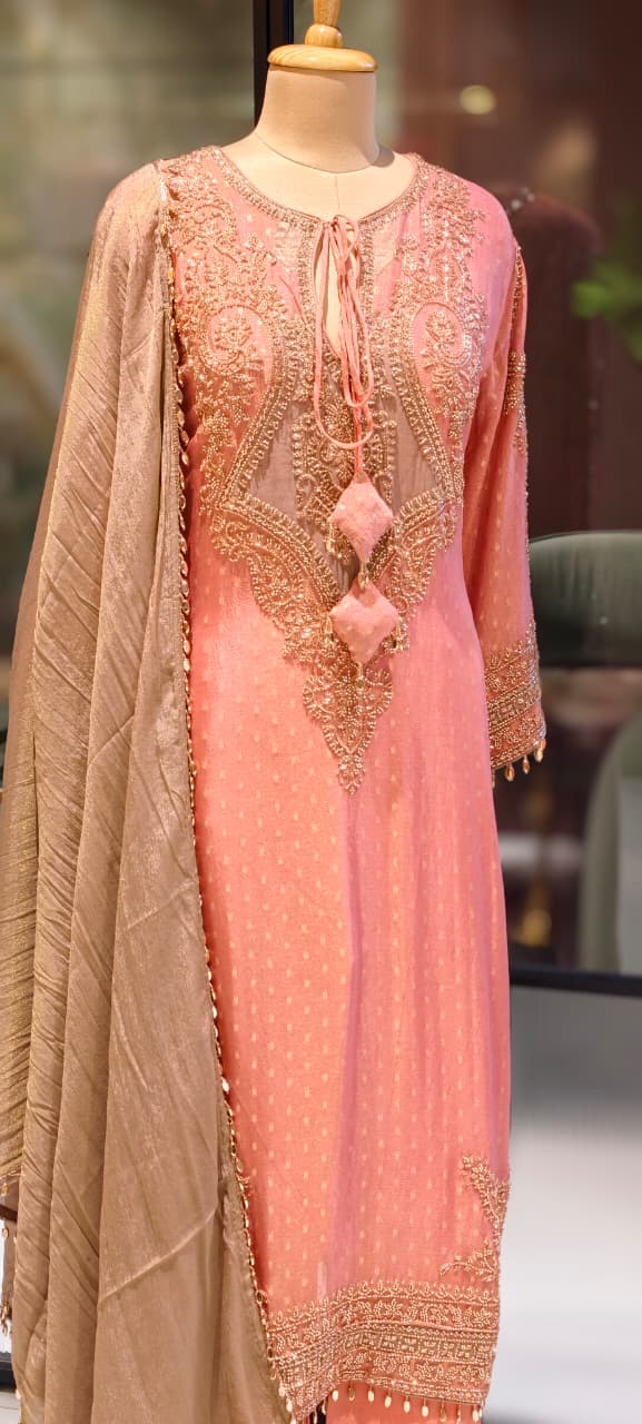 Royal Jade Hand-Embellished Premium Sheer High-End Pure Pakistani Full Suit Set With Tasseled Dupatta