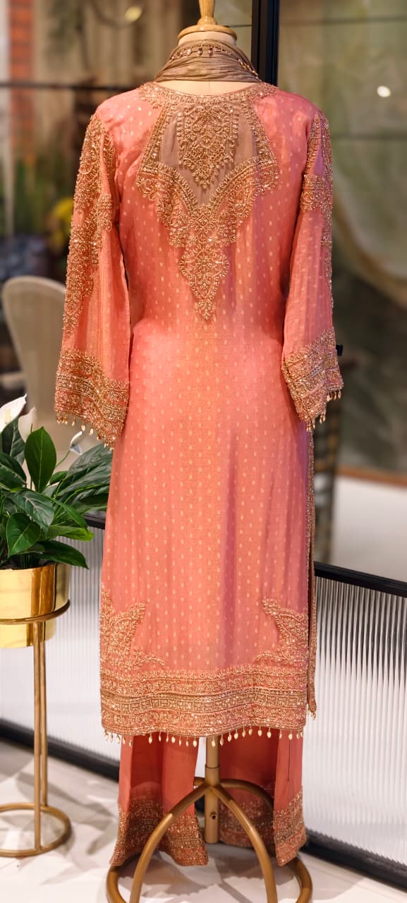 Royal Jade Hand-Embellished Premium Sheer High-End Pure Pakistani Full Suit Set With Tasseled Dupatta