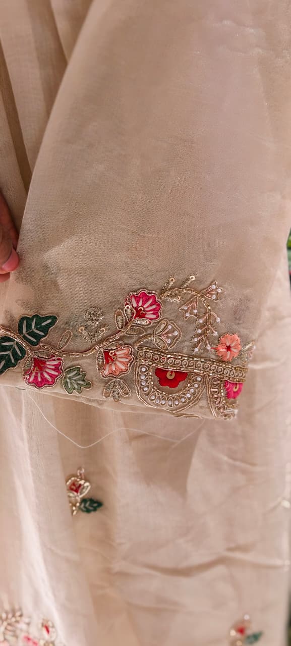 Ivory Dainty Floral Embroidered A-Line Full Suit Set With Dupatta In Mul-Chanderi Fabric-13771