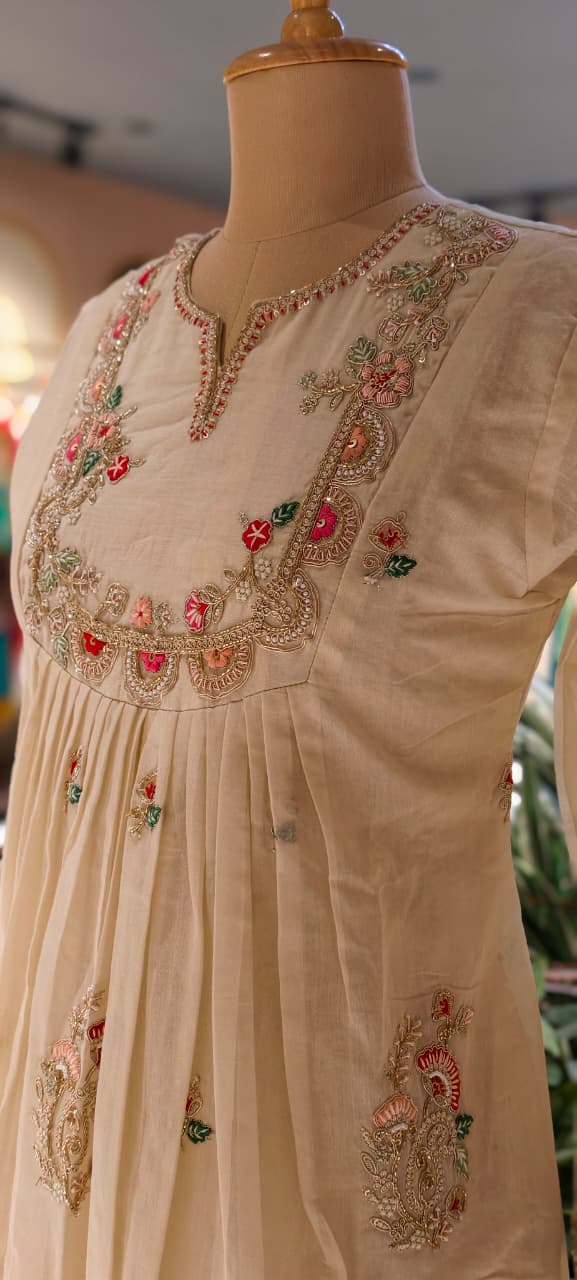 Ivory Dainty Floral Embroidered A-Line Full Suit Set With Dupatta In Mul-Chanderi Fabric-13771