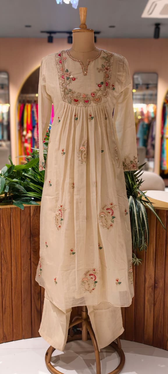 Ivory Dainty Floral Embroidered A-Line Full Suit Set With Dupatta In Mul-Chanderi Fabric-13771