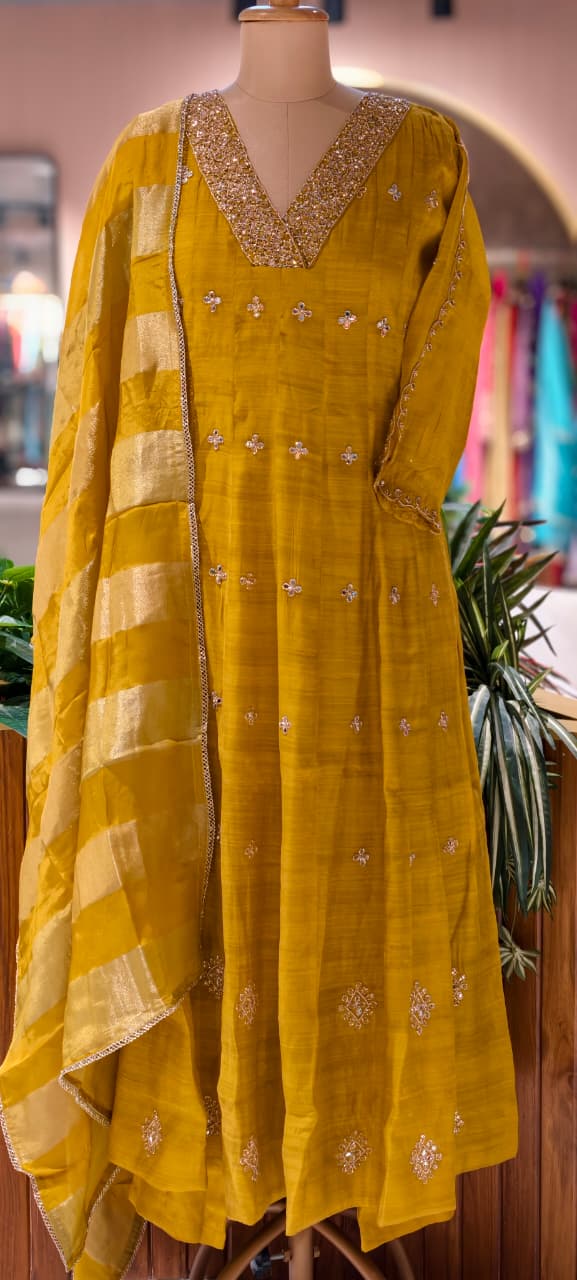 Elegant Real Mirror Embroidered With Cut Dana Panel Anarkali Full Suit Set With Dupatta In Mul Chanderi Fabric- 13763