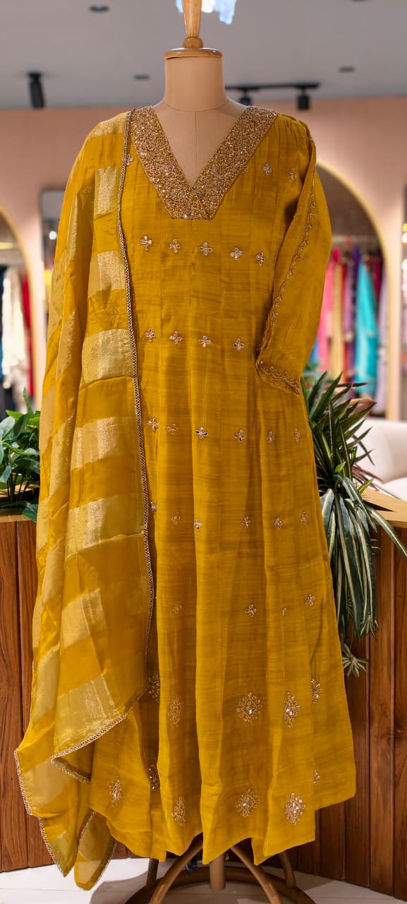 Elegant Real Mirror Embroidered With Cut Dana Panel Anarkali Full Suit Set With Dupatta In Mul Chanderi Fabric- 13763