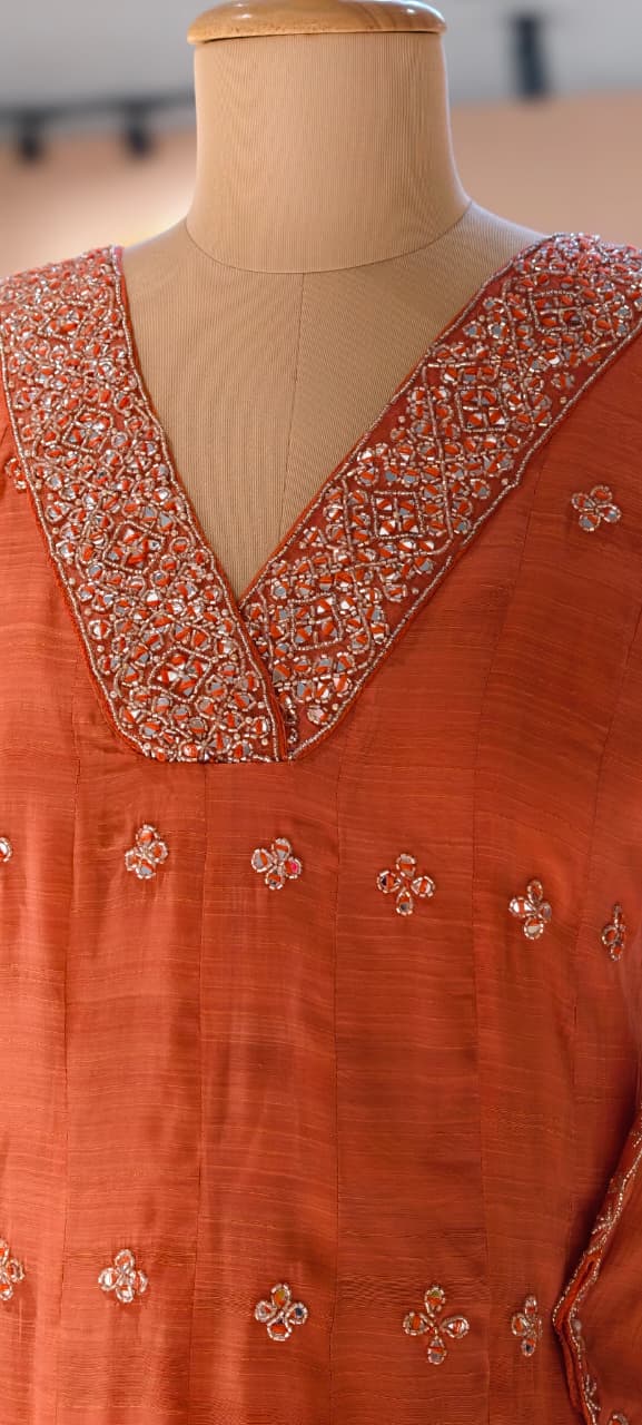 Elegant Real Mirror Embroidered With Cut Dana Panel Anarkali Full Suit Set With Dupatta In Mul Chanderi Fabric- 13763