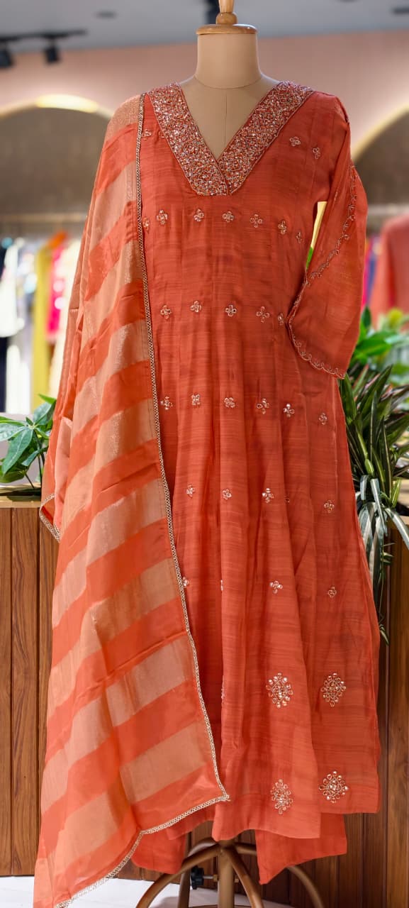 Elegant Real Mirror Embroidered With Cut Dana Panel Anarkali Full Suit Set With Dupatta In Mul Chanderi Fabric- 13763