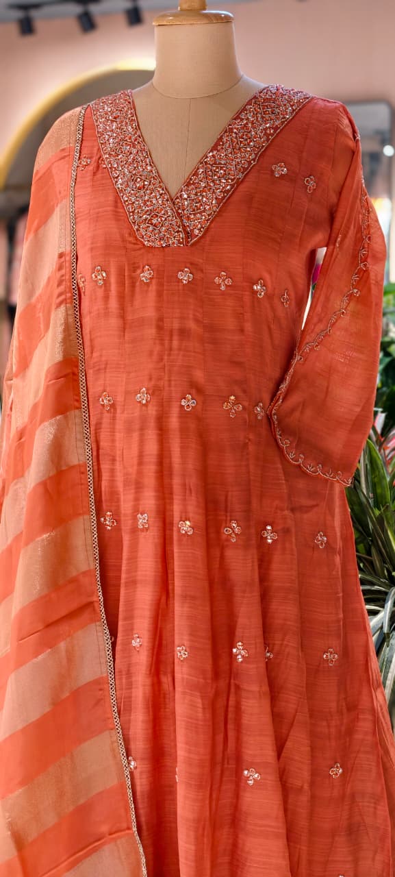 Elegant Real Mirror Embroidered With Cut Dana Panel Anarkali Full Suit Set With Dupatta In Mul Chanderi Fabric- 13763