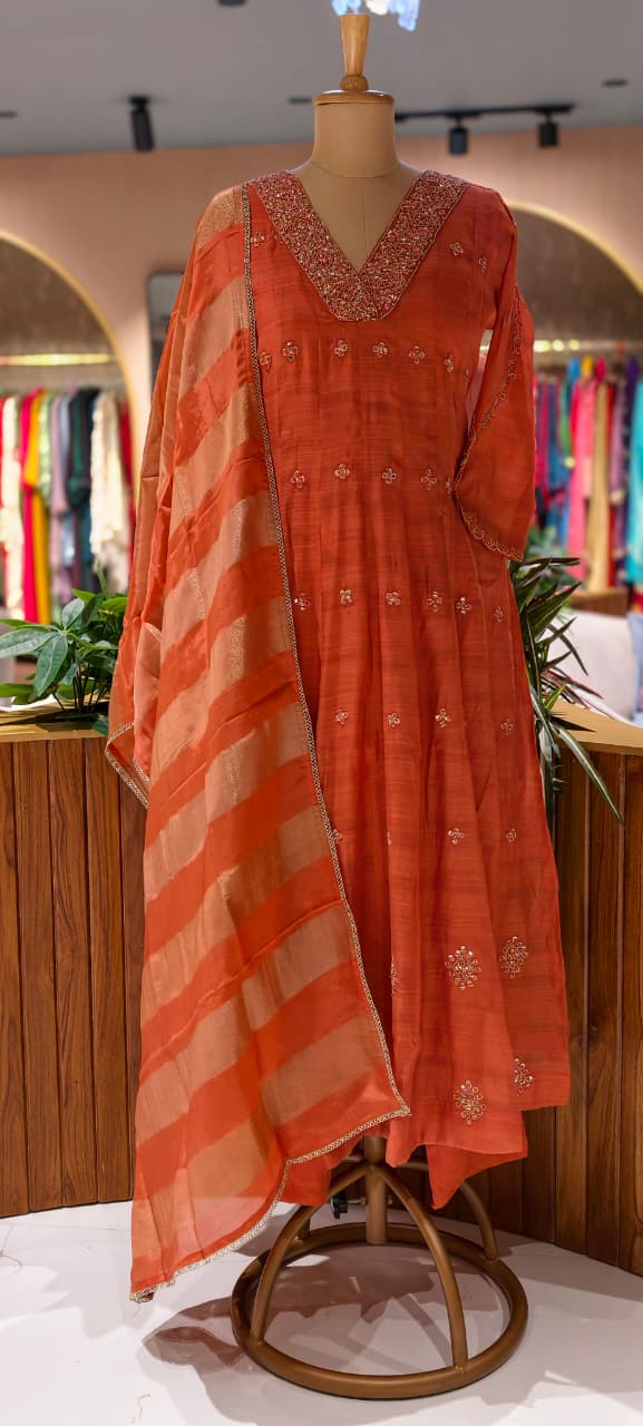 Elegant Real Mirror Embroidered With Cut Dana Panel Anarkali Full Suit Set With Dupatta In Mul Chanderi Fabric- 13763