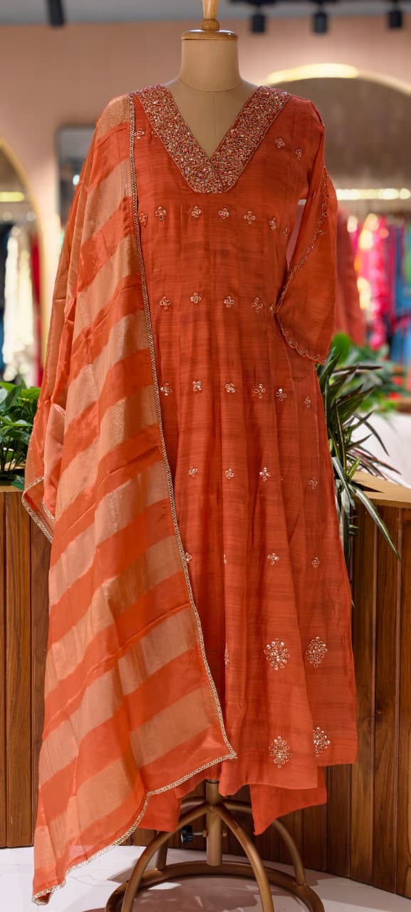 Elegant Real Mirror Embroidered With Cut Dana Panel Anarkali Full Suit Set With Dupatta In Mul Chanderi Fabric- 13763