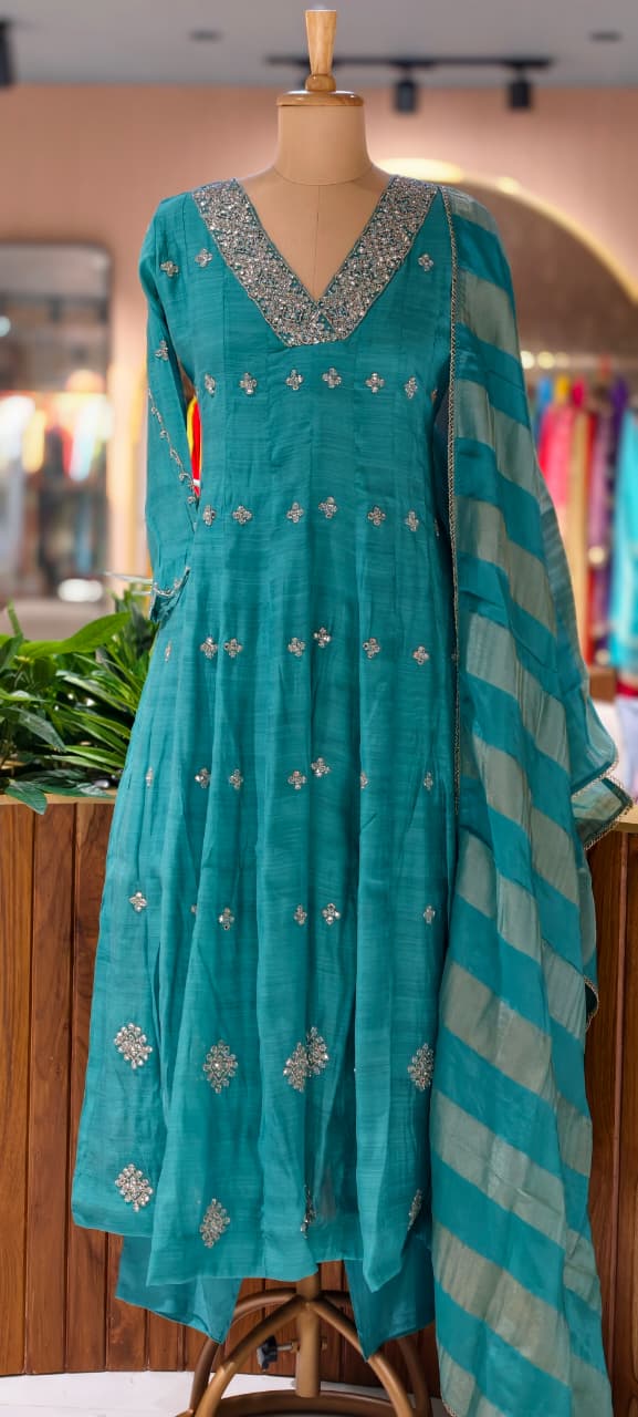 Elegant Real Mirror Embroidered With Cut Dana Panel Anarkali Full Suit Set With Dupatta In Mul Chanderi Fabric- 13763