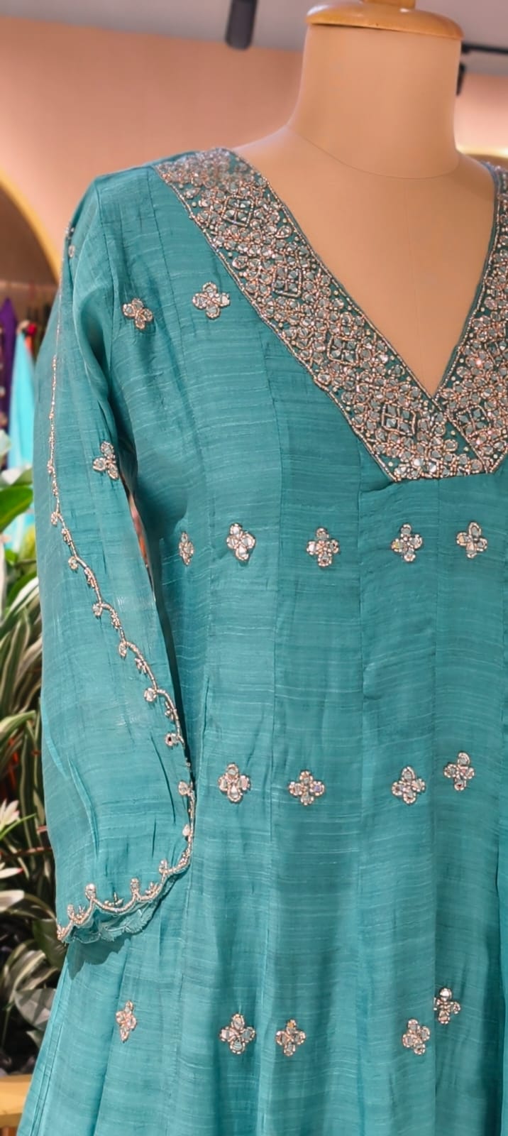 Elegant Real Mirror Embroidered With Cut Dana Panel Anarkali Full Suit Set With Dupatta In Mul Chanderi Fabric- 13763