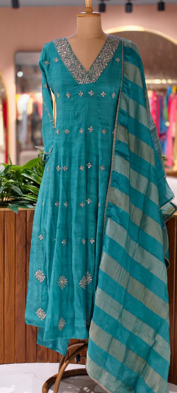 Elegant Real Mirror Embroidered With Cut Dana Panel Anarkali Full Suit Set With Dupatta In Mul Chanderi Fabric- 13763