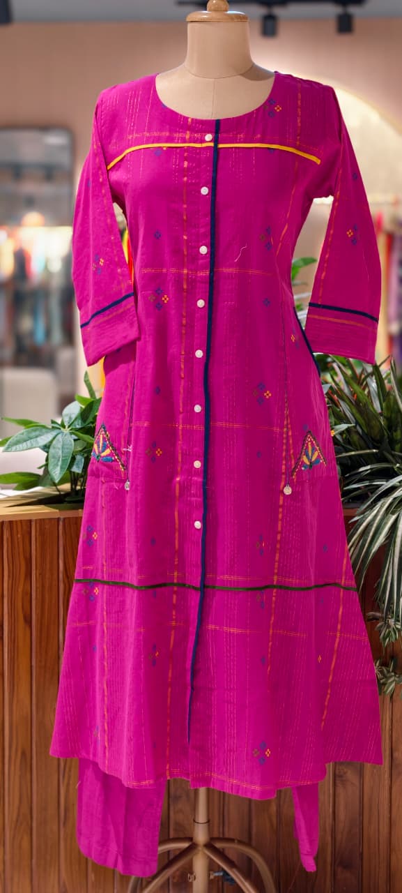 Minimal Embroidered Work Casual Wear A-Line Kurta With Bottom In Cotton Fabric- 13645