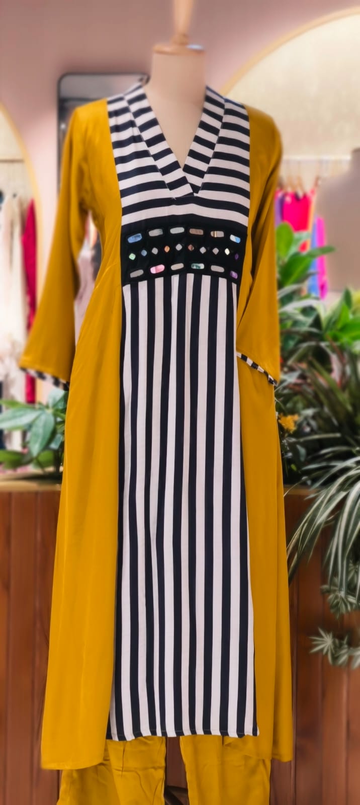 Striking Striped Real Mirror Work Stylish A-Line Kurta With Bottom Set In Gajji Silk Fabric- 13729