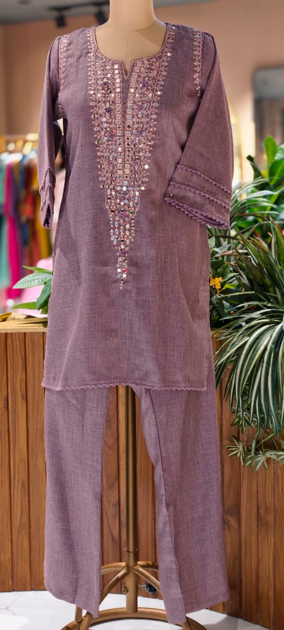 Real Mirror With Thread Upwork Coiled V-Yoke Kurta Pant Set In Jute Cotton Fabric- 13761