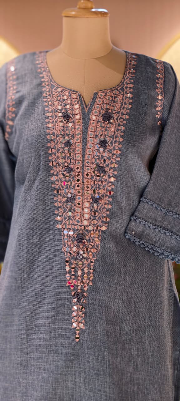 Real Mirror With Thread Upwork Coiled V-Yoke Kurta Pant Set In Jute Cotton Fabric- 13761