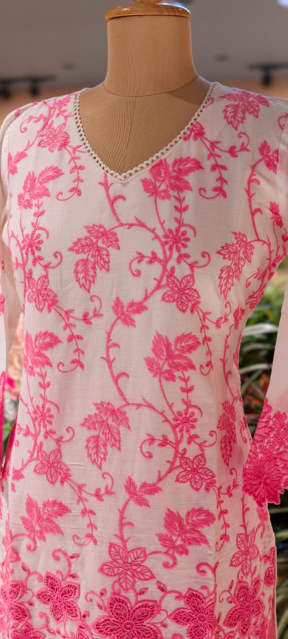 Very Fine Intricate Embroidery Minimal Laced Neck Line With Cut Work Co-Ord Set In Cotton Fabric With Lining- 13768