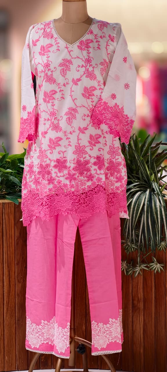 Very Fine Intricate Embroidery Minimal Laced Neck Line With Cut Work Co-Ord Set In Cotton Fabric With Lining- 13768