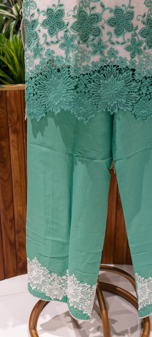 Very Fine Intricate Embroidery Minimal Laced Neck Line With Cut Work Co-Ord Set In Cotton Fabric With Lining- 13768