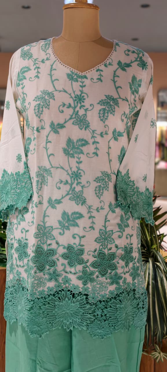 Very Fine Intricate Embroidery Minimal Laced Neck Line With Cut Work Co-Ord Set In Cotton Fabric With Lining- 13768