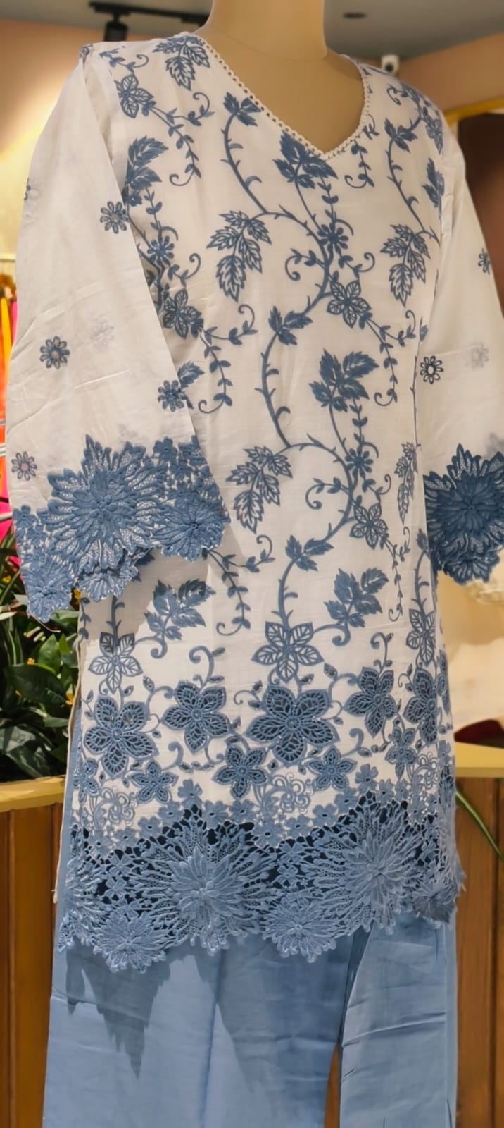 Very Fine Intricate Embroidery Minimal Laced Neck Line With Cut Work Co-Ord Set In Cotton Fabric With Lining- 13768