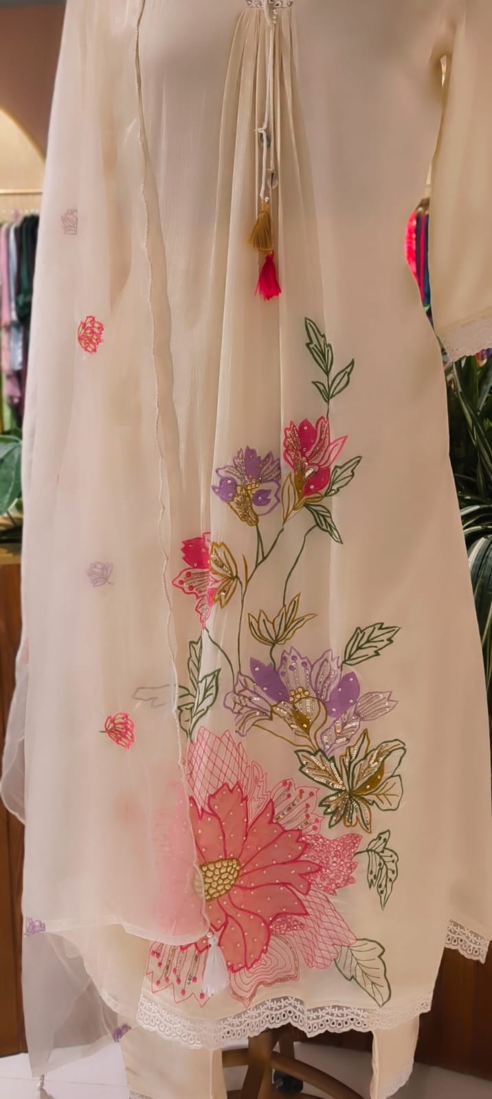 Floral Meadowed Patch Look Crosia Work A-Line Full Suit Set With Dupatta In Crush Cotton Fabric- 13780