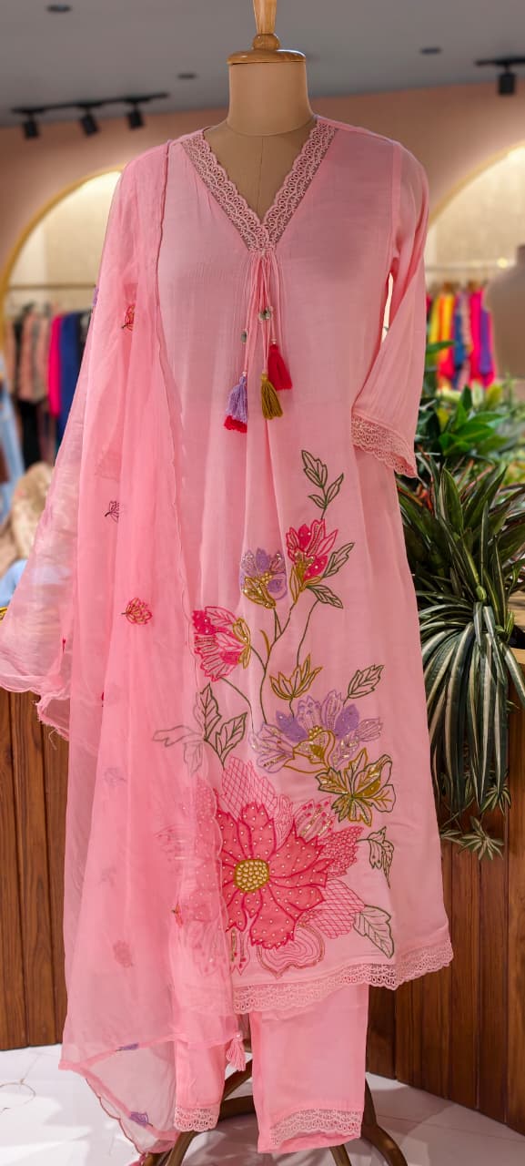 Floral Meadowed Patch Look Crosia Work A-Line Full Suit Set With Dupatta In Crush Cotton Fabric- 13780