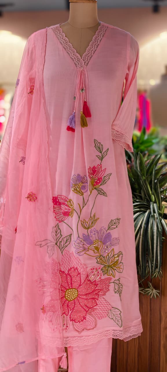 Floral Meadowed Patch Look Crosia Work A-Line Full Suit Set With Dupatta In Crush Cotton Fabric- 13780