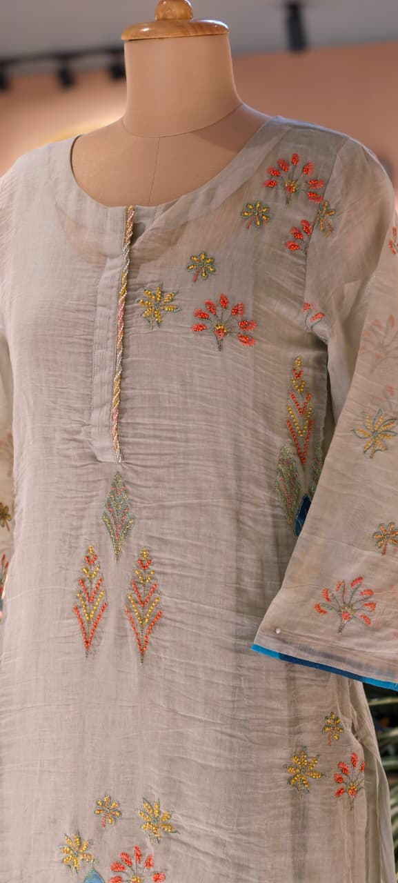 Maized Floral Fine Embroidery Ash Toned Double Layered Gown In Pure Mul Chanderi Fabric(Slightly Lean Fit)- 13772