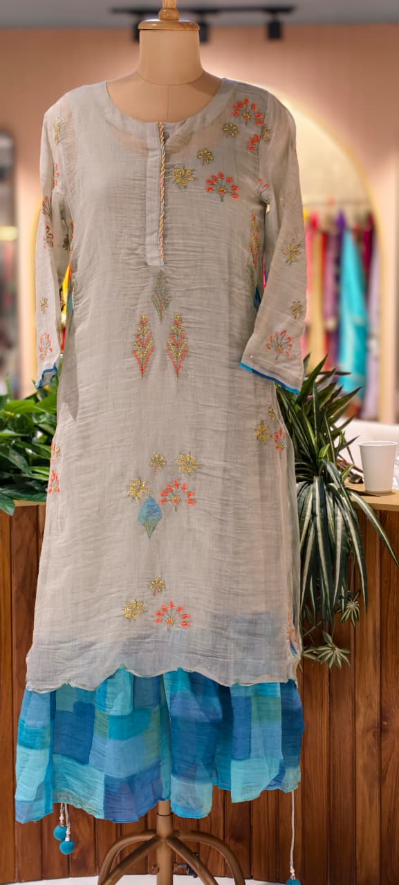 Maized Floral Fine Embroidery Ash Toned Double Layered Gown In Pure Mul Chanderi Fabric(Slightly Lean Fit)- 13772