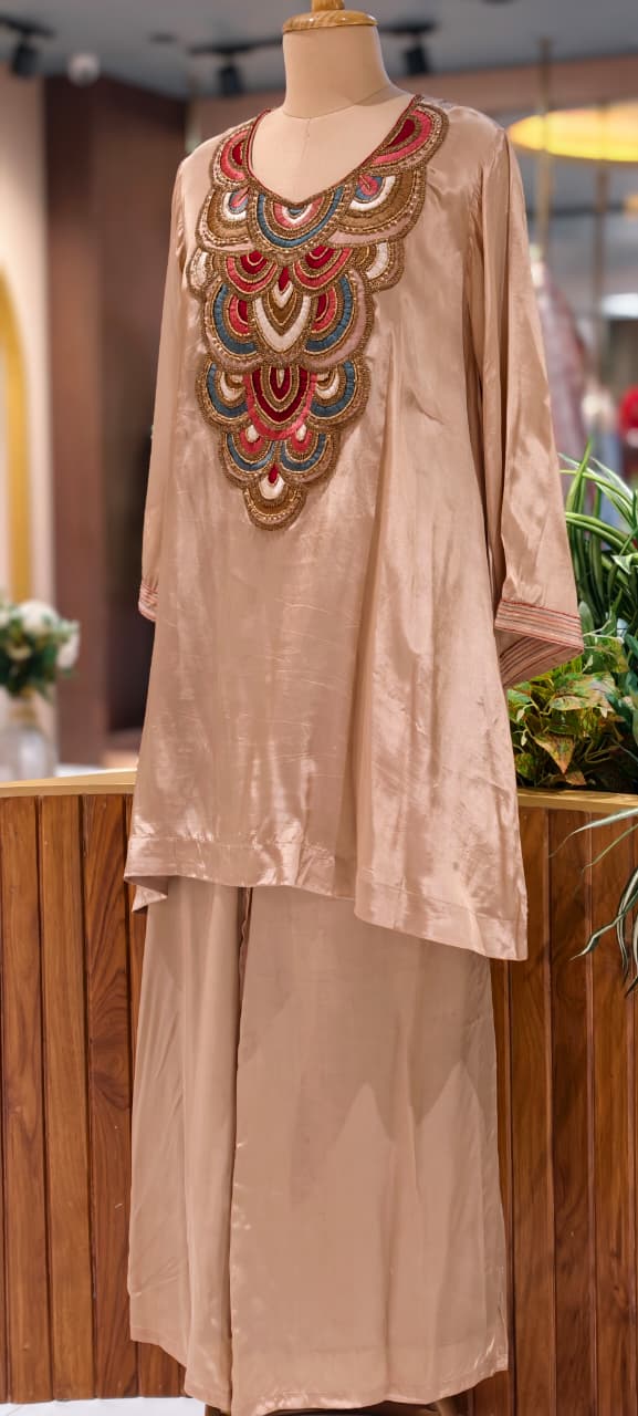 Antique Multicolor Jewellery Look Yoke Premium Indo Wear Kurta Pant Set In Crepe Fabric- 13797