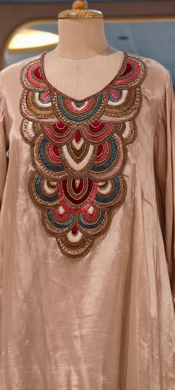 Antique Multicolor Jewellery Look Yoke Premium Indo Wear Kurta Pant Set In Crepe Fabric- 13797